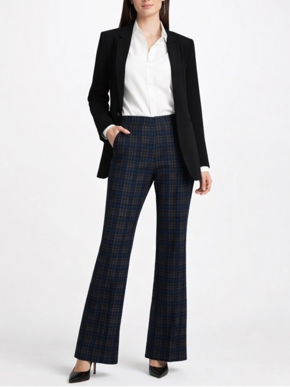 LYSSE Navy Plaid High Rise Mini Flare Stretch Pull On Trouser Pants Size L